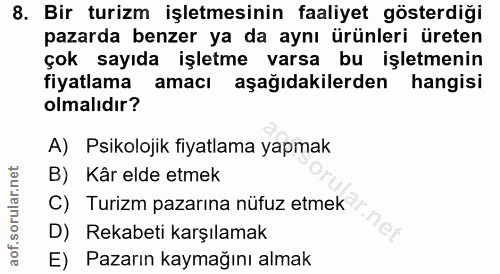 8. soru: Bir turizm işletmesinin faaliyet gösterdiği pazarda benzer ya da aynı ürünleri üreten çok sayıda işletme varsa bu işl…