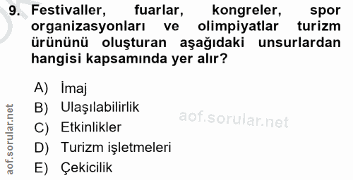9. soru: Festivaller, fuarlar, kongreler, spor organizasyonları ve olimpiyatlar turizm ürününü oluşturan aşağıdaki unsurlardan…