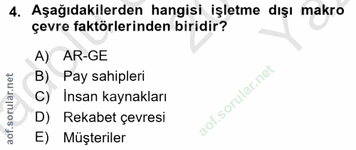 4. soru: Aşağıdakilerden hangisi işletme dışı makro çevre faktörlerinden biridir? A) AR-GE Pay sahipleri C) Insan kaynakları D…