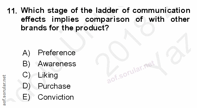 11. soru: Which stage of the ladder of communication effects implies comparison of with other brands for the product? A) Prefer…