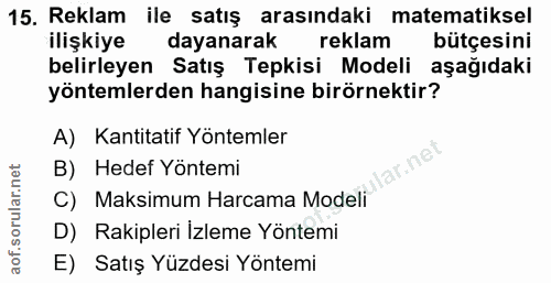 15. soru: Reklam ile satış arasındaki matematiksel ilişkiye dayanarak reklam bütçesini belirleyen Satış Tepkisi Modeli aşağıdak…