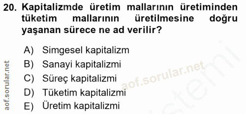 20. soru: Kapitalizmde üretim mallarının üretiminden tüketim mallarının üretilmesine doğru yaşanan sürece ne ad verilir? A) Sim…