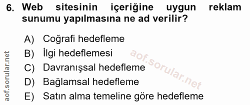 6. soru: Web sitesinin içeriğine uygun reklam sunumu yapılmasına ne ad verilir? A) Cografi hedefleme B) Ilgi hedeflemesi C) Da…
