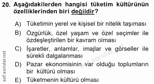 20. soru: Aşağıdakilerden hangisi tüketim kültürünün özelliklerinden biri değildir? A) Tüketimin yerel ve kişisel bir nitelik t…