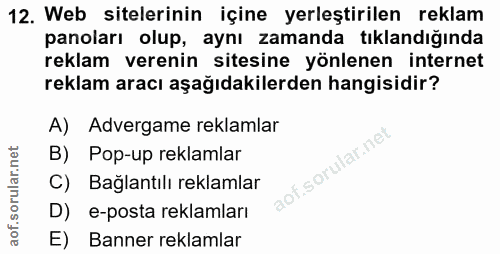 12. soru: Web sitelerinin içine yerleştirilen reklam panoları olup, aynı zamanda tıklandığında reklam verenin sitesine yönlenen…