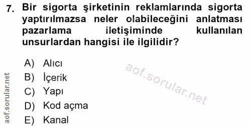 7. soru: Bir sigorta şirketinin reklamlarında sigorta yaptırılmazsa neler olabileceğini anlatması pazarlama iletişiminde kulla…