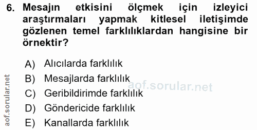 6. soru: Mesajın etkisini ölçmek için izleyici araştırmaları yapmak kitlesel iletişimde gözlenen temel farklılıklardan hangisi…
