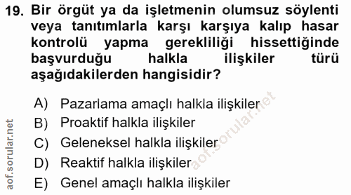 19. soru: Bir örgüt ya da işletmenin olumsuz söylenti veya tanıtımlarla karşı karşıya kalıp hasar kontrolü yapma gerekliliği hi…