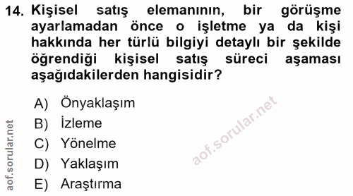 14. soru: Kişisel satış elemaninin, bir görüşme ayarlamadan önce o işletme ya da kişi hakkında her türlü bilgiyi detaylı bir şe…