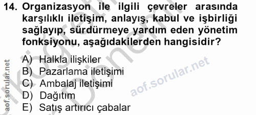 14. soru: Organizasyon ile ilgili çevreler arasında karşılıklı iletişim, anlayış, kabul ve işbirliği sağlayıp, sürdürmeye yardı…