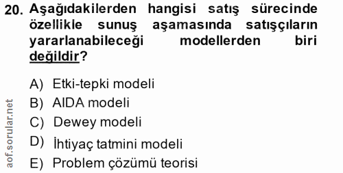 20. soru: Aşağıdakilerden hangisi satış sürecinde özellikle sunuş aşamasında satışçıların yararlanabileceği modellerden biri de…
