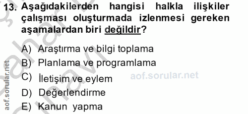 13. soru: Aşağıdakilerden hangisi halkla ilişkiler çalışması oluşturmada izlenmesi gereken aşamalardan biri değildir? A) Araştı…