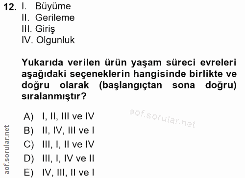 12. soru: I. Büyüme II. Gerileme III. Giriş IV. Olgunluk Yukarıda verilen ürün yaşam süreci evreleri aşağıdaki seçeneklerin han…