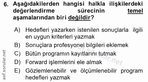 6. soru: Aşağıdakilerden hangisi halkla ilişkilerdeki değerlendirme sürecinin temel aşamalarından biri değildir? A) Hedefleri…