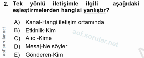 2. soru: Tek yönlü iletişimle ilgili aşağıdaki eşleştirmelerden hangisi yanlıştır? A) Kanal-Hangi iletişim ortamında B) Etkinl…