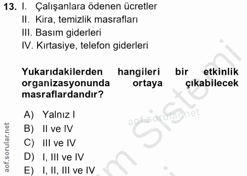 13. soru: I. Çalışanlara ödenen ücretler II. Kira, temizlik masrafları Ili. Basım giderleri IV. Kırtasiye, telefon giderleri Yu…