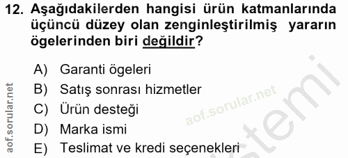 12. soru: Aşağıdakilerden hangisi ürün katmanlarında üçüncü düzey olan zenginleştirilmiş yararın ögelerinden biri değildir? A)…
