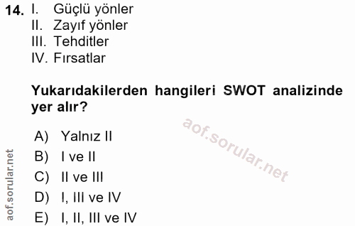 14. soru: l. Güçlü yönler II. Zayıf yönler IlI. Tehditler IV. Fırsatlar Yukarıdakilerden hangileri SWOT analizinde yer alır? A)…