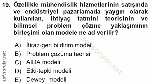 19. soru: Özellikle mühendislik hizmetlerinin satışında ve endüstriyel pazarlamada yaygın olarak kullanılan, ihtiyaç tatmini te…