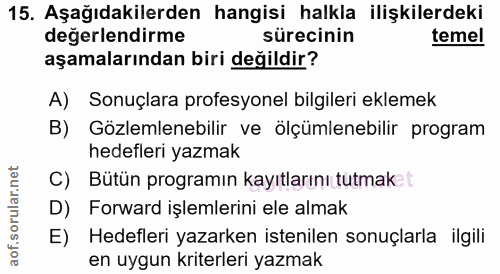 15. soru: Aşağıdakilerden hangisi halkla ilişkilerdeki değerlendirme sürecinin temel aşamalarından biri değildir? A) Sonuçlara…