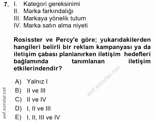 7. soru: 1. Kategori gereksinimi II. Marka farkındalığı IlI. Markaya yönelik tutum IV. Marka satın alma niyeti Rosisster ve Pe…