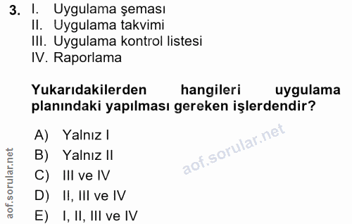 3. soru: !. Uygulama şeması II. Uygulama takvimi III. Uygulama kontrol listesi IV. Raporlama Yukarıdakilerden hangileri uygula…