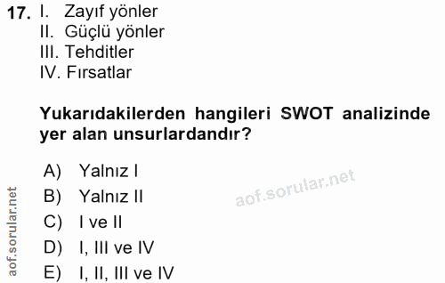 17. soru: I. Zayıf yönler II. Güçlü yönler IlI. Tehditler IV. Fırsatlar Yukarıdakilerden hangileri SWOT analizinde yer alan uns…
