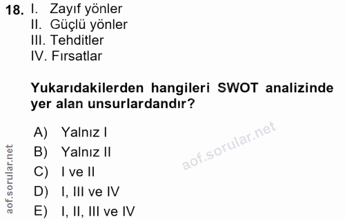 18. soru: 1. Zayıf yönler II. Güçlü yönler IlI. Tehditler IV. Fırsatlar Yukarıdakilerden hangileri SWOT analizinde yer alan uns…