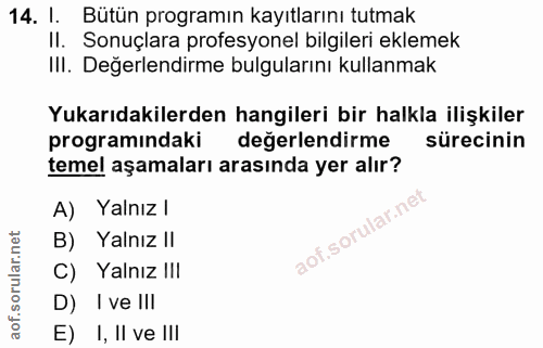 14. soru: I. Bütün programın kayıtlarını tutmak Il. Sonuçlara profesyonel bilgileri eklemek III. Değerlendirme bulgularını kull…