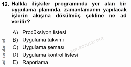 12. soru: Halkla ilişkiler programında yer alan bir uygulama planında, zamanlamanın yapılacak işlerin akışına dökülmüş şekline…
