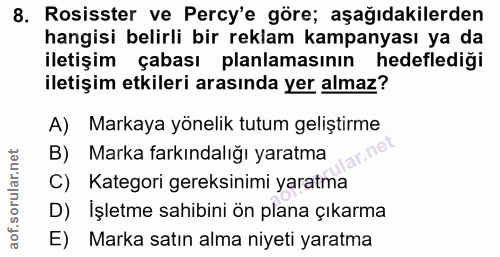 8. soru: Rosisster ve Percy'e göre; aşağıdakilerden hangisi belirli bir reklam kampanyası ya da iletişim çabası planlamasının…