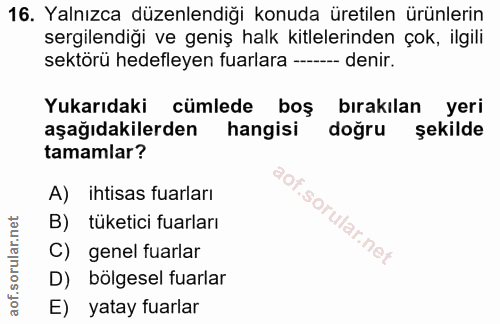 16. soru: Yalnızca düzenlendiği konuda üretilen ürünlerin sergilendiği ve geniş halk kitlelerinden çok, ilgili sektörü hedefley…
