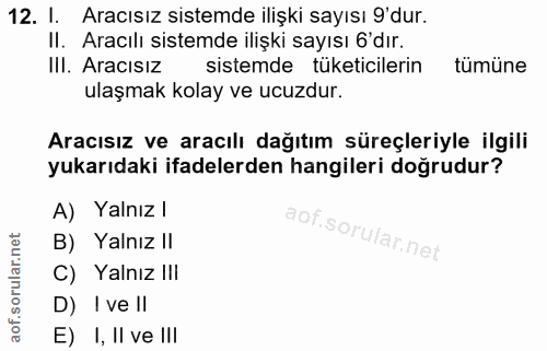 12. soru: I. Aracısız sistemde ilişki sayısı 9'dur. II. Aracılı sistemde ilişki sayısı 6 dır. III. Aracısız sistemde tüketicile…
