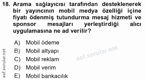 18. soru: Arama sağlayıcısı tarafından desteklenerek bir yayıncının mobil medya özelliği içine fiyatı ödenmiş tutundurma mesaj…