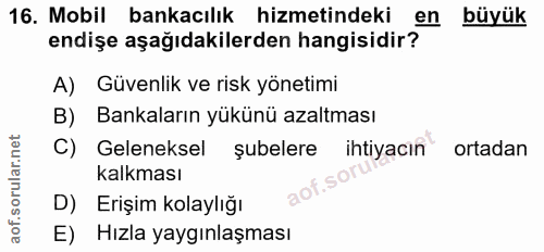 16. soru: Mobil bankacılık hizmetindeki en büyük endişe aşağıdakilerden hangisidir? A) Güvenlik ve risk yönetimi B) Bankaların…