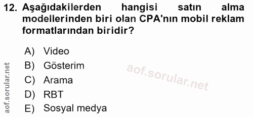 12. soru: Aşağıdakilerden hangisi satın alma modellerinden biri olan CA'nın mobil reklam formatlarından biridir? A) Video B) Gö…