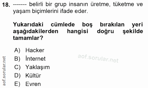 18. soru: -— belirli bir grup insanın üretme, tüketme ve yaşam biçimlerini ifade eder. Yukarıdaki cümlede boş bırakılan yeri aş…