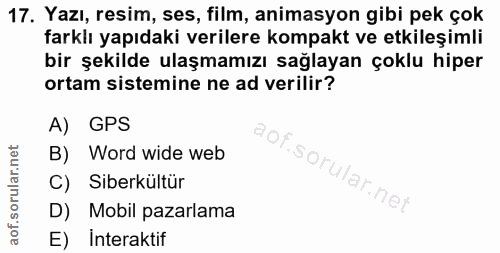 17. soru: Yazı, resim, ses, film, animasyon gibi pek çok farklı yapıdaki verilere kompakt ve etkileşimli bir şekilde ulaşmamızı…