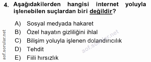 4. soru: Aşağıdakilerden hangisi internet yoluyla işlenebilen suçlardan biri değildir? A) Sosyal medyada hakaret B) Özel hayat…