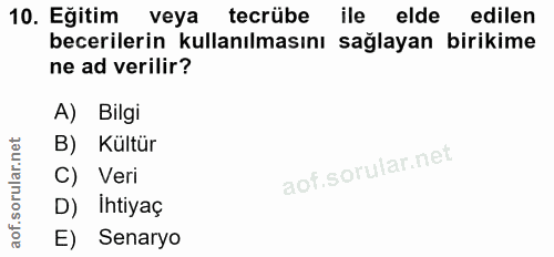 10. soru: Eğitim veya tecrübe ile elde edilen becerilerin kullanılmasını sağlayan birikime ne ad verilir? A) Bilgi B) Kültür C)…