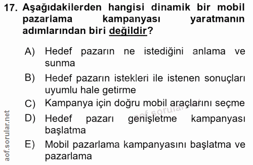17. soru: Aşağıdakilerden hangisi dinamik bir mobil pazarlama kampanyası yaratmanın adımlarından biri değildir? A) Hedef pazarı…