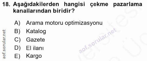 18. soru: Aşağıdakilerden hangisi çekme pazarlama kanallarından biridir? A) Arama motoru optimizasyonu B) Katalog C) Gazete D)…