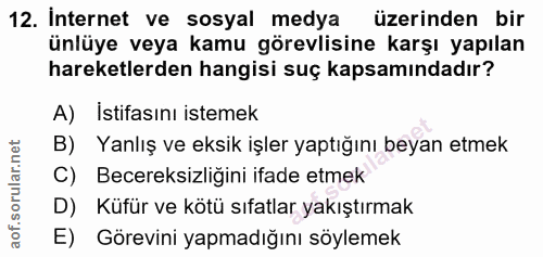 12. soru: Internet ve sosyal medya üzerinden bir ünlüye veya kamu görevlisine karşı yapılan hareketlerden hangisi suç kapsamınd…
