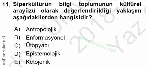11. soru: Siperkültürün bilgi toplumunun kültürel arayüzü olarak değerlendirildiği yaklaşım aşağıdakilerden hangisidir? A) Antr…