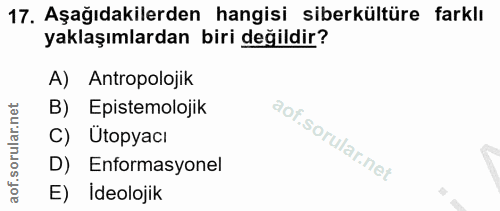 17. soru: Aşağıdakilerden hangisi siberkültüre farklı yaklaşımlardan biri değildir? A) Antropolojik B) Epistemolojik C) Ütopyac…
