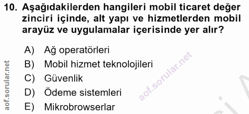 10. soru: Aşağıdakilerden hangileri mobil ticaret değer zinciri içinde, alt yapı ve hizmetlerden mobil arayüz ve uygulamalar iç…