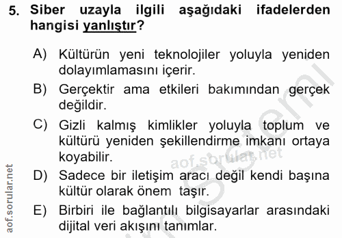 5. soru: Siber uzayla ilgili aşağıdaki ifadelerden hangisi yanlıştır? A) Kültürün yeni teknolojiler yoluyla yeniden dolayımlam…