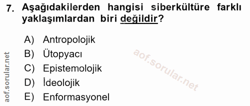 7. soru: Aşağıdakilerden hangisi siberkültüre farklı yaklaşımlardan biri değildir? A) Antropolojik B) Ütopyacı C) Epistemoloji…