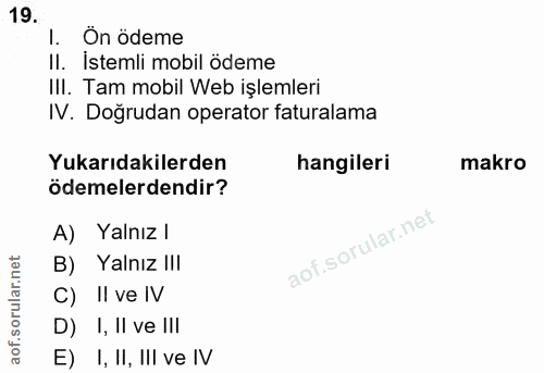 19. soru: I. On ödeme II. Istemli mobil ödeme III. Tam mobil Web işlemleri IV. Doğrudan operator faturalama Yukarıdakilerden ha…