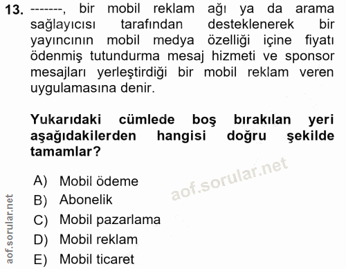 13. soru: -, bir mobil reklam ağı ya da arama sağlayıcısı tarafından desteklenerek bir yayıncının mobil medya özelliği içine fi…
